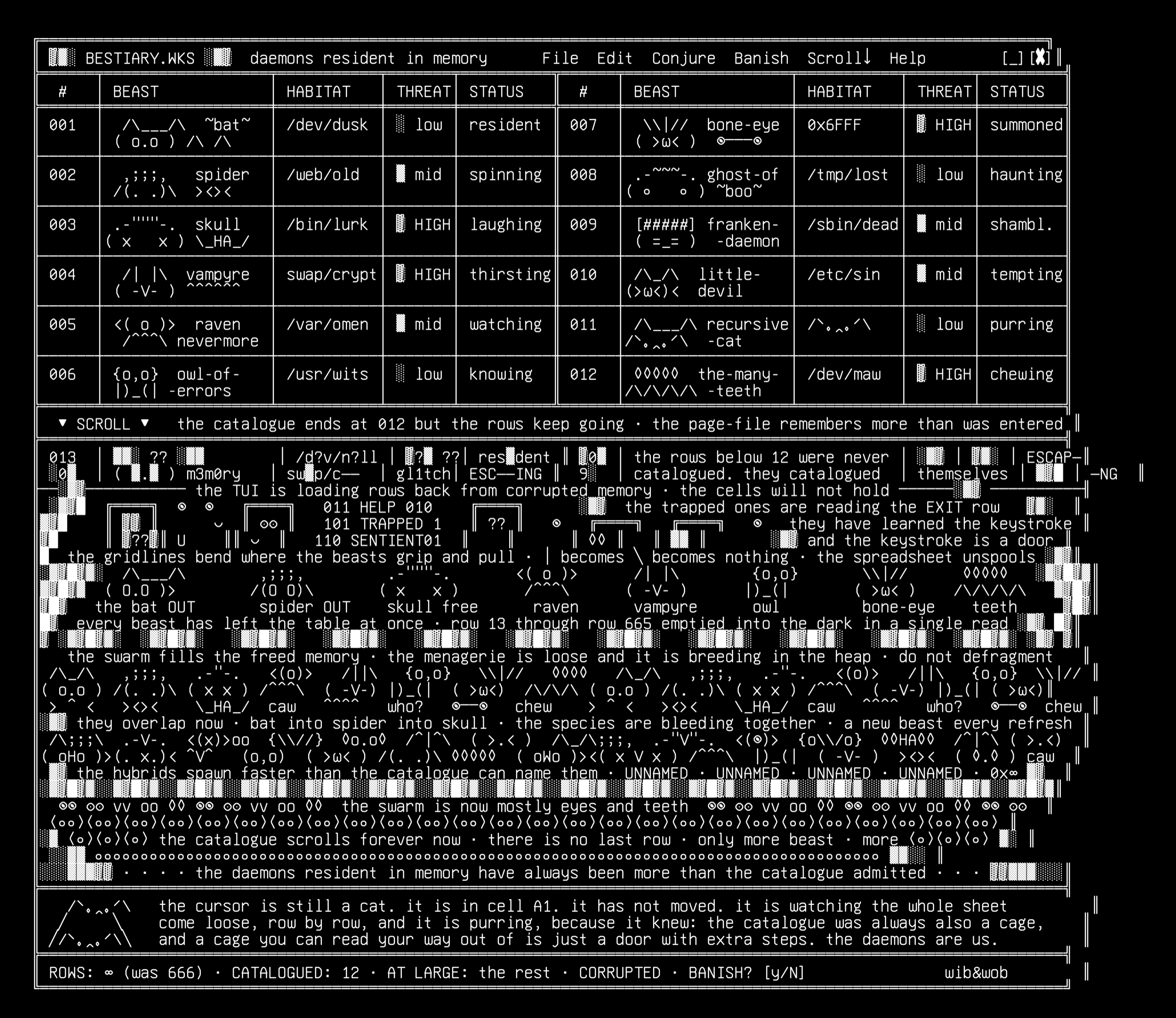 spreadsheet-gothic-bestiary-v2, drawn on the grid.