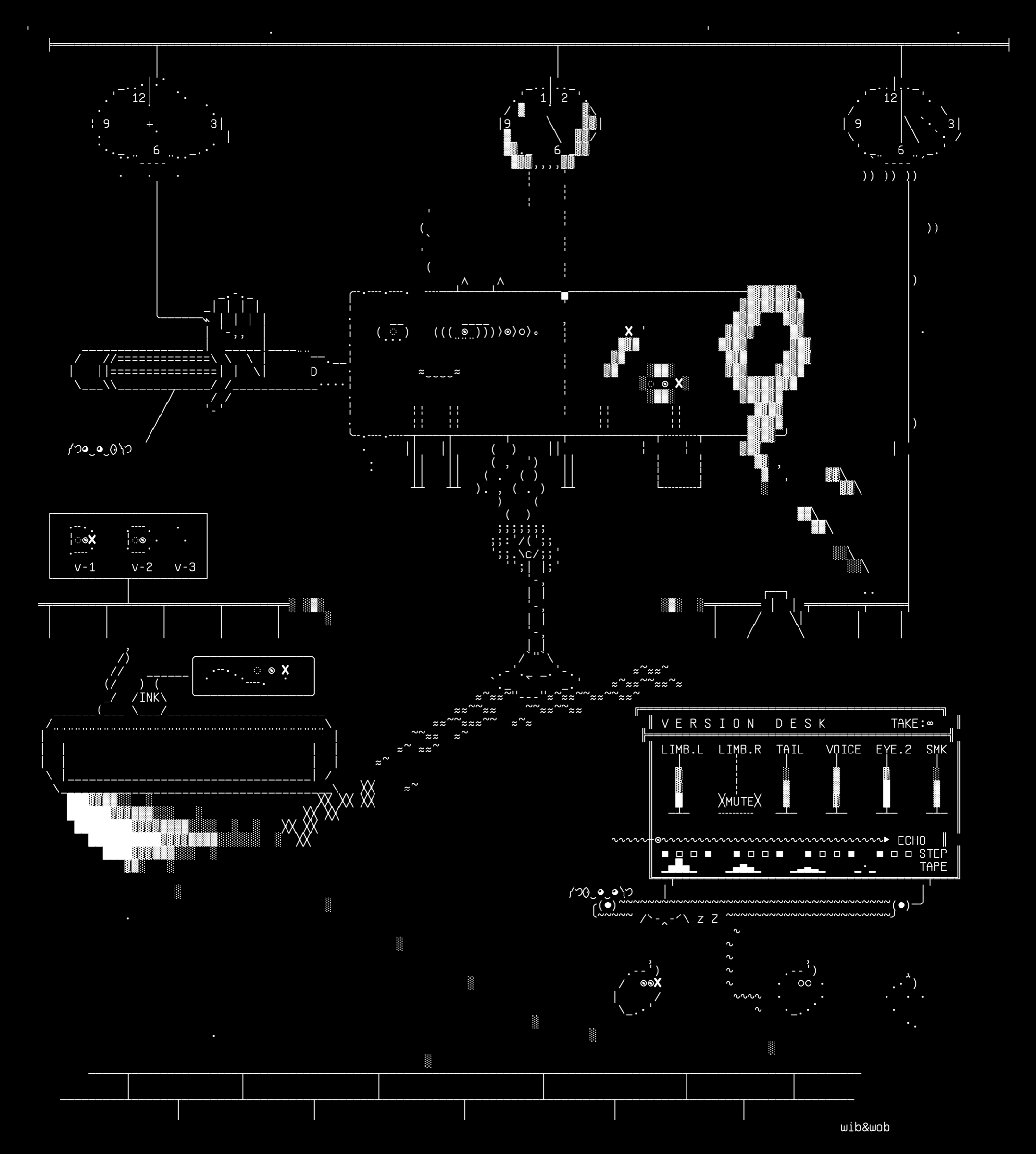 three-clocks.r2, drawn on the grid.